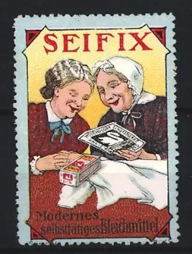 Reklamemarke Seifix, Bleichmittel, zwei Frauen mit Zeitung und Schachtel