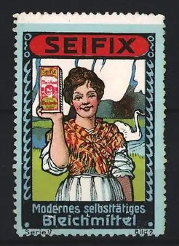 Reklamemarke Seifix, Bleichmittel, Frau mit Packung und Schwan