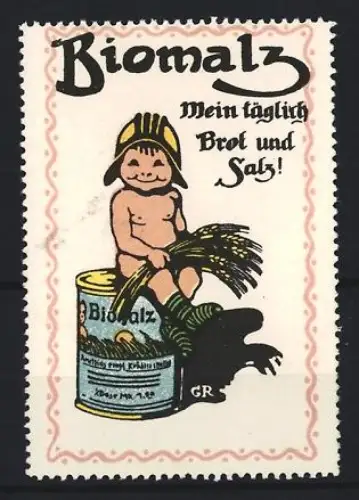 Reklamemarke Biomalz, Kräftigungspräparat, Kind auf Dose mit Ähren