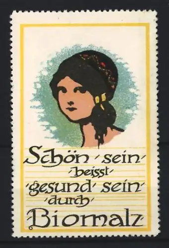 Reklamemarke Biomalz, Kräftigungspräparat, Frau mit Kopfbedeckung