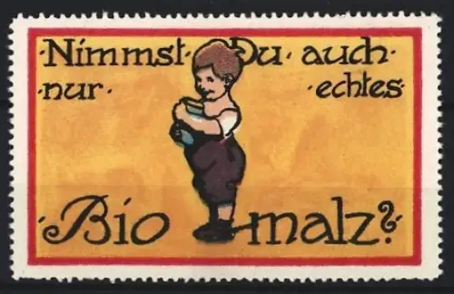 Reklamemarke Biomalz, Kräftigungspräparat, Kind mit Malzgetränk