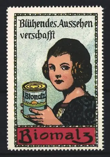 Reklamemarke Biomalz, Kräftigungspräparat, Frau mit Biomalz-Dose