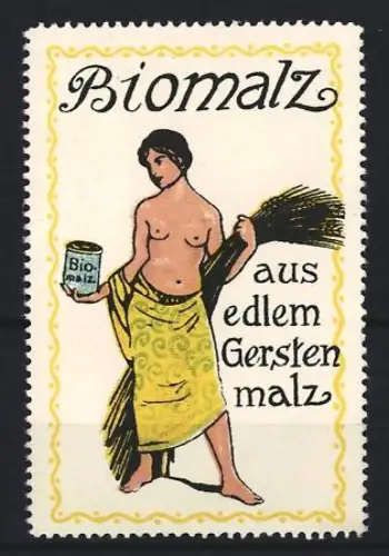 Reklamemarke Biomalz, Kräftigungspräparat, Nackte Frau mit Gerstenmalz und Dose