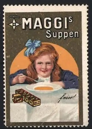 Reklamemarke Maggi, Suppen, Mädchen mit Suppe
