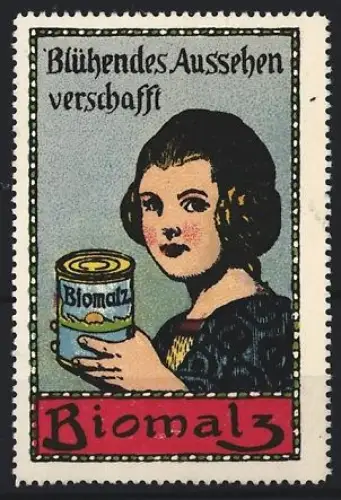 Reklamemarke Biomalz, Kräftigungspräparat, Biomalz-Dose und Frau