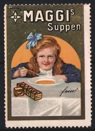 Reklamemarke Maggi, Suppen, Mädchen mit Suppenteller und Maggi-Würfeln