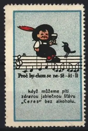 Reklamemarke Ceres, Alkoholfreier Apfelsaft, Kind mit Vogel und Getränk