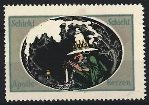 Reklamemarke Schicht, Apollo Kerzen, Zwerg mit Kerzenhut im Wald