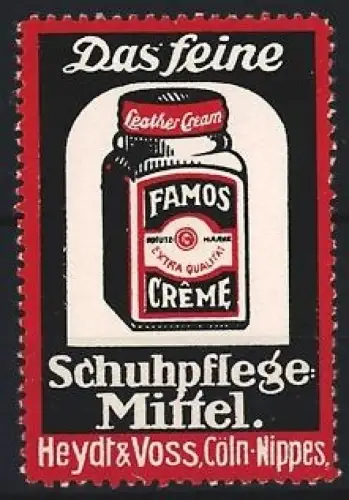 Reklamemarke Köln, Heydt & Voss, Famos Crême, Schuhpflegemittel, Schuhcremedose