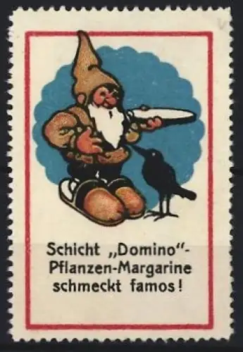 Reklamemarke Schicht, Domino Pflanzenmargarine, Zwerg mit Teller und Rabe