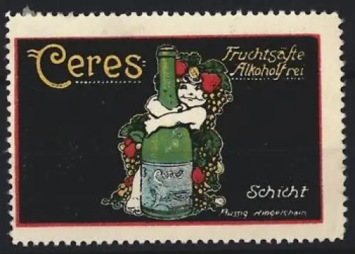 Reklamemarke Schicht, Ceres Fruchtsäfte, Flasche mit Trauben und Putto