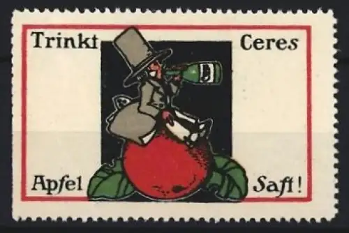 Reklamemarke Ceres Apfelsaft, Alkoholfreie Geränke, Reiter auf Apfel