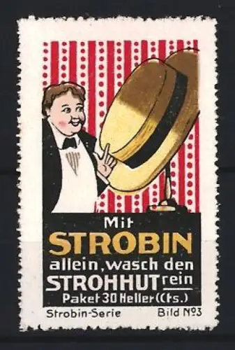 Reklamemarke Strobin, Reinigungsmittel für Strohhüte, Mann mit Strohhut