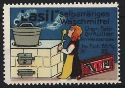 Reklamemarke Berlin, Chem. Fabr. G. Müller, Lasil, Waschmittel, Kind beim Kochen der Wäsche