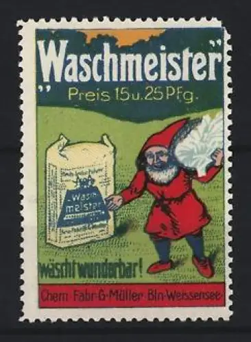 Reklamemarke Berlin-Weissensee, Chem Fabr. G. Müller, Waschmeister Waschmittel, Zwerg mit Waschmittelpaket