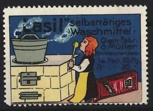 Reklamemarke Berlin-Weissensee, Chem Fabr. G. Müller, Lasil Waschmittel, Frau mit Waschzuber