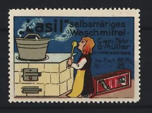 Reklamemarke Berlin-Weissensee, Chem Fabr. G. Müller, Lasil Waschmittel, Frau am Waschkessel
