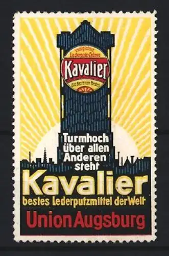 Reklamemarke Union Augsburg, Kavalier Lederputzmittel, Schuhpflegemittel, Turm und Sonne
