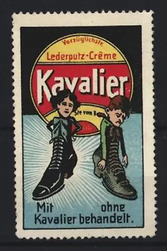 Reklamemarke Kavalier Lederputz-Creme, Schuhpflegemittel, Zwei Menschen in Stiefeln