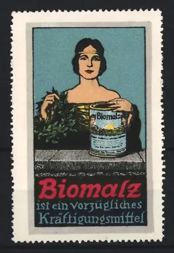 Reklamemarke Biomalz, Kräftigungspräparat, Frau mit Dose