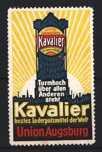 Reklamemarke Union Augsburg, Kavalier Lederputzmittel, Schuhpflegemittel, Turm als Symbol