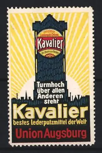 Reklamemarke Union Augsburg, Kavalier Lederputzmittel, Schuhpflegemittel, Turm mit Sonnenstrahlen