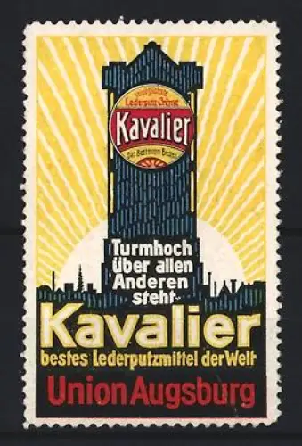 Reklamemarke Union Augsburg, Kavalier Lederputzmittel, Schuhpflegemittel, Turm und Sonne