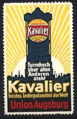 Reklamemarke Union Augsburg, Kavalier Lederputzmittel, Schuhpflegemittel, Turm mit Sonnenstrahlen
