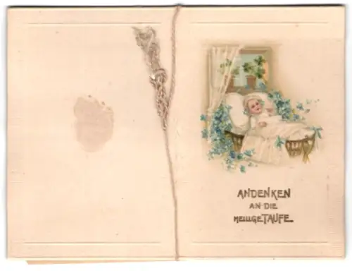Glückwunschkarte Taufe, Kleinkind im Kinderbett mit Vergissmeinnicht