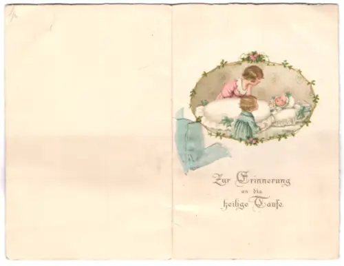 Glückwunschkarte Taufe, Zwei Kinder bei einem Kleinkind im Bett, von Blumenmustern umgeben