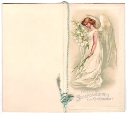 Glückwunschkarte Konfirmation, Engel mit einem Strauss weisser Blumen