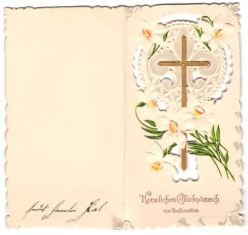 Glückwunschkarte Konfirmation, Goldenes Kreuz von weissen Blumen umgeben