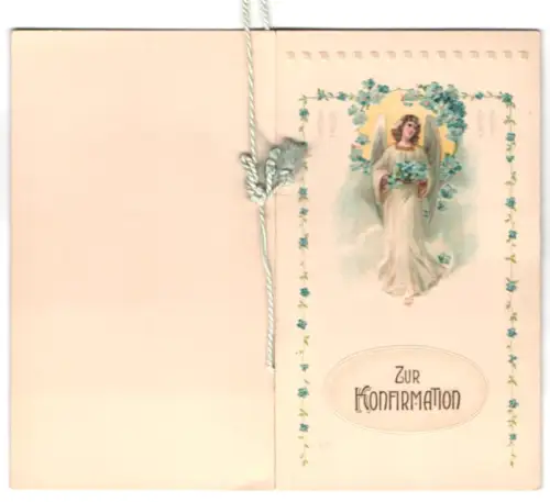 Glückwunschkarte Konfirmation, Engel umgeben von Vergissmeinnicht