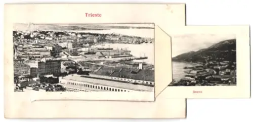 Leporello-AK Trieste, Palazzo municipale, Chiesa St. Antonio nuovo, Vista dal Bagno fontana