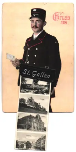 Leporello-AK St. Gallen, Postbote, Gesamtansicht, Marktplatz, Stadt-Theater und Domkirche