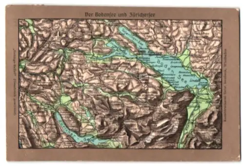 Relief-AK Zürich, Landkarte mit Bodensee und Zürichersee