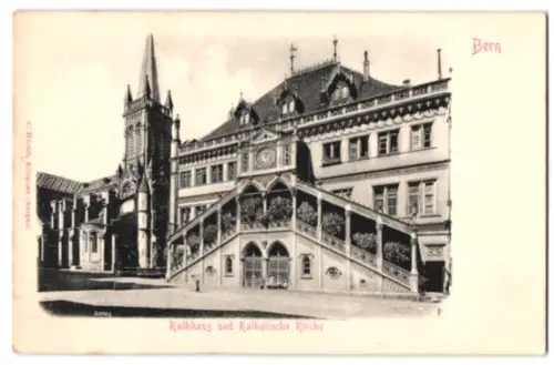 Relief-AK Bern, Rathaus und Katholische Kirche