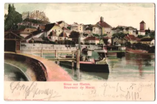 Relief-AK Murten, Blick in den Hafen