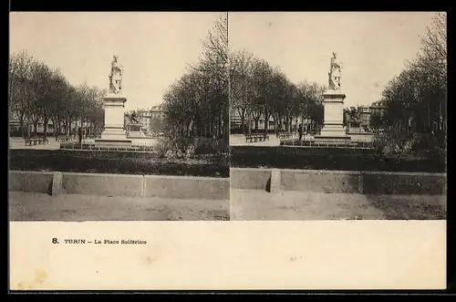 AK Torino, La Piazza Solferino con statua e alberi