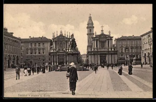 AK Torino, Piazza S. Carlo con monumento e chiese gemelle