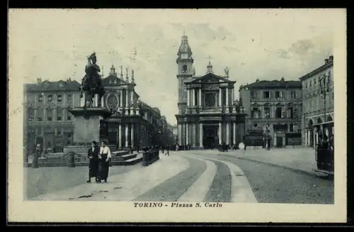 AK Torino, Piazza S. Carlo con statua e chiesa sullo sfondo