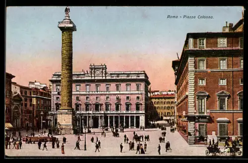 AK Roma, Piazza Colonna con folla e Colonna di Marco Aurelio
