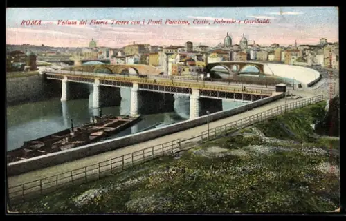 AK Roma, Veduta del Fiume Tevere con i Ponti Palatino, Cestio, Fabricio e Garibaldi