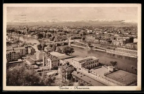 AK Torino, Panorama della città con fiume Po e montagne sullo sfondo