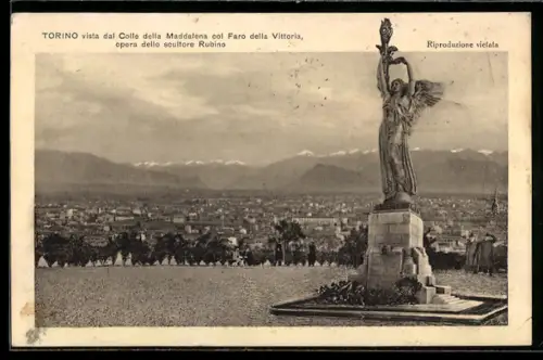 AK Torino, Vista dal Colle della Maddalena col Faro della Vittoria, opera dello scultore Rubino