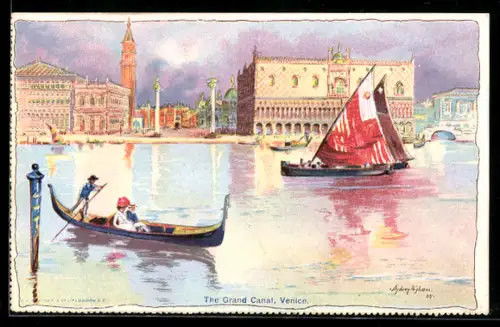 Künstler-AK Venezia, Veduta del Canal Grande con gondola e barca a vela