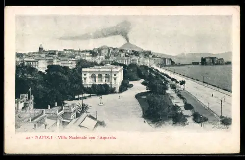 AK Napoli, Villa Nazionale con l`Acquario e vista del Vesuvio fumante