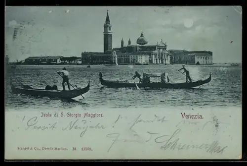 Mondschein-AK Venezia, Isola di S. Giorgio Maggiore, Gondole