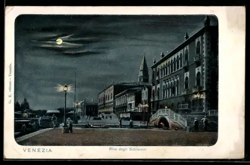 AK Venezia, Riva degli Schiavoni di notte con luna piena