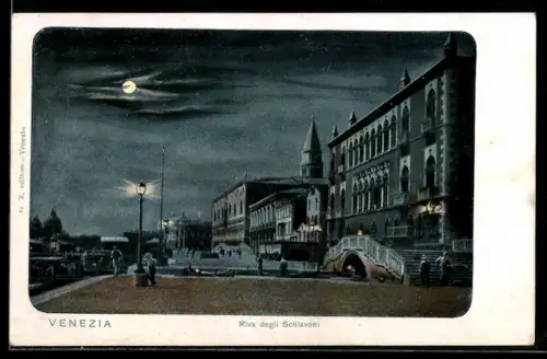 AK Venezia, Riva degli Schiavoni di notte con luna piena